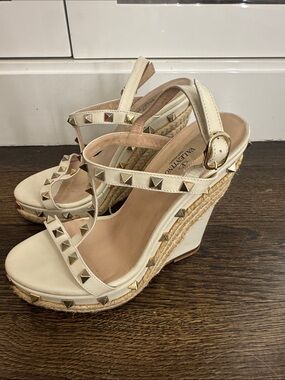 Valentino Cream Leather Rockstud Espadrille Wedge Sandals